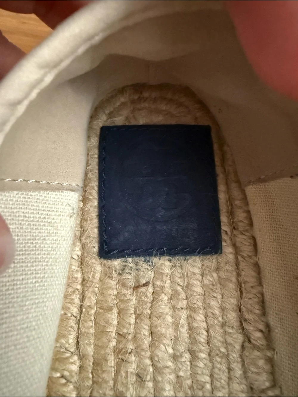 Tory Burch Cream Canvas Espadrilles with Navy Logo and Orange & Yellow Trim